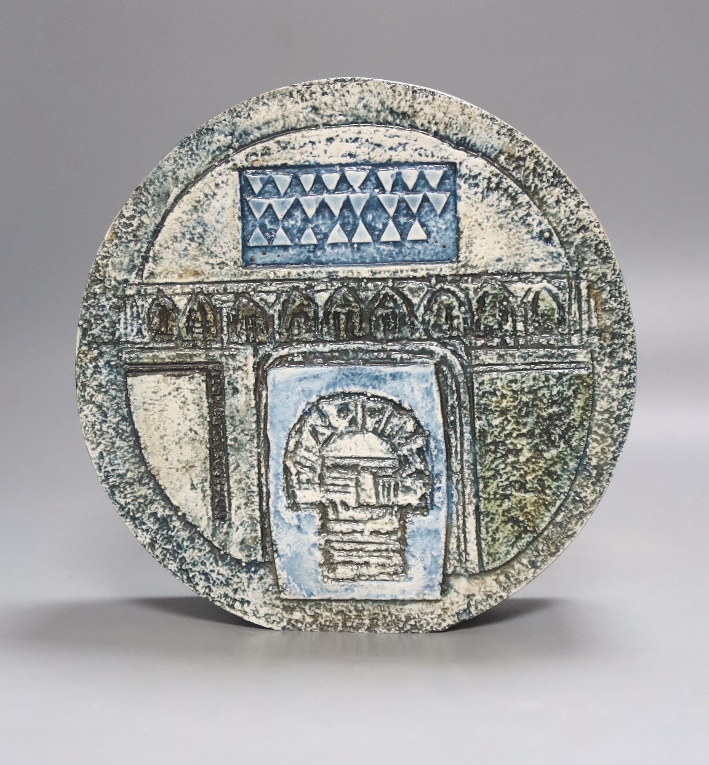 A Troika wheel vase of Aztec design by Linda Taylor, blue-grey colourway H 20cm
